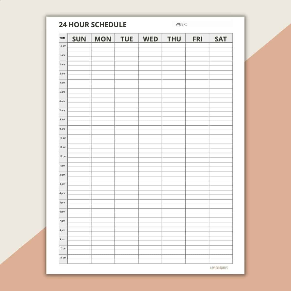 24 Hour Daily Schedule Template - 1 Page Layout (Printable for 24 Hour Daily Planner Printable