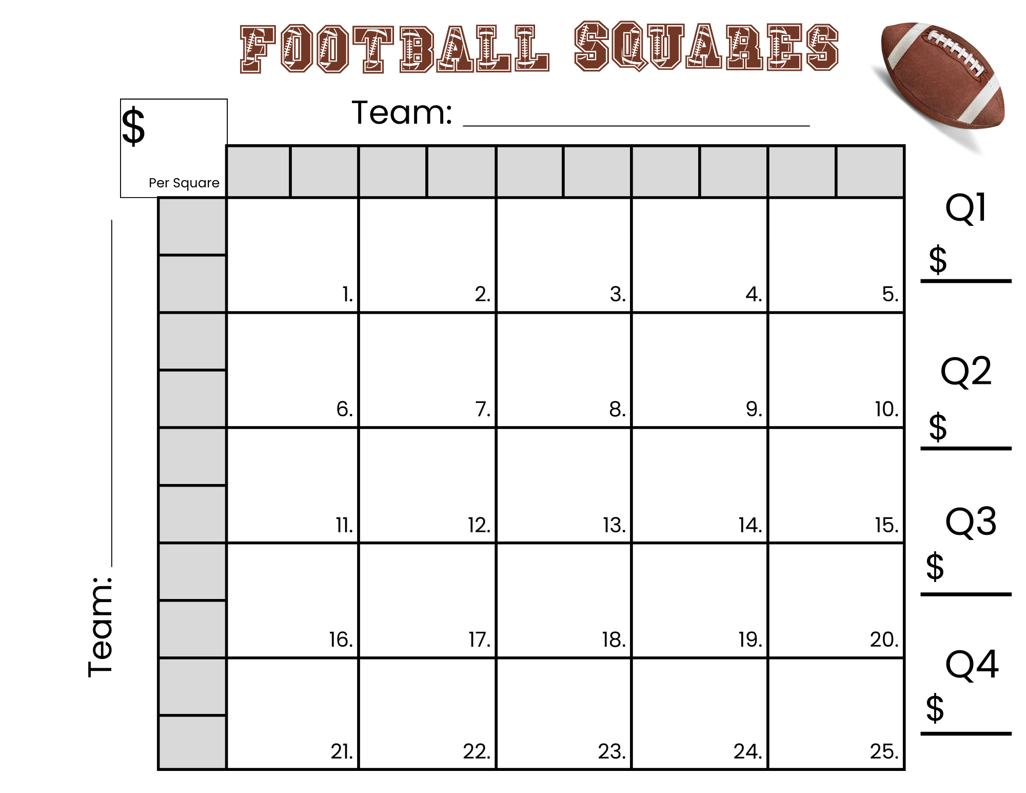 25 Football Squares Game Printable 5×5 Football Squares (Instant within 25 Square Football Board Printable