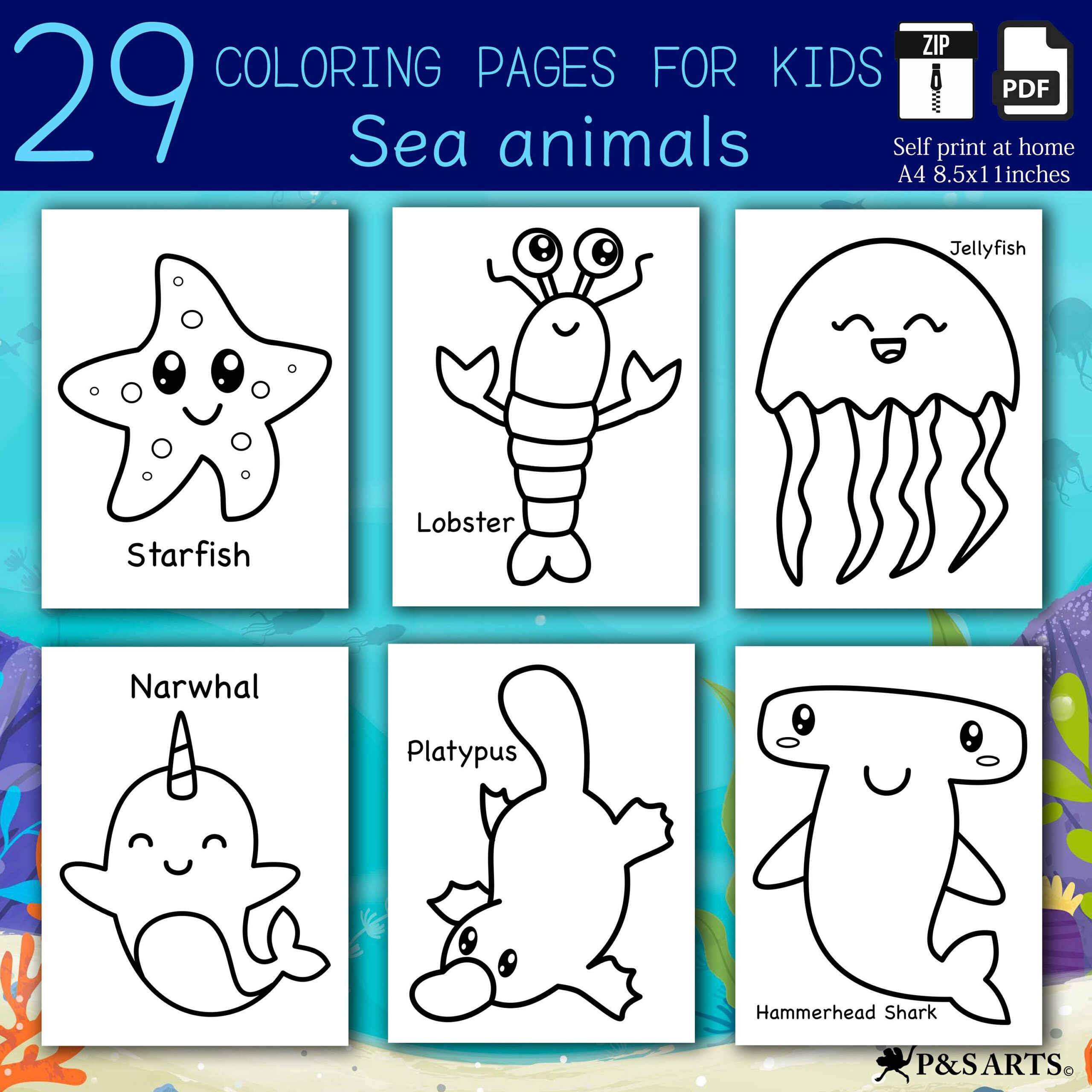 29 Sea Animals Simple And Jumbo Printable Coloring Pages - Etsy throughout Printable Pictures Of Water Animals