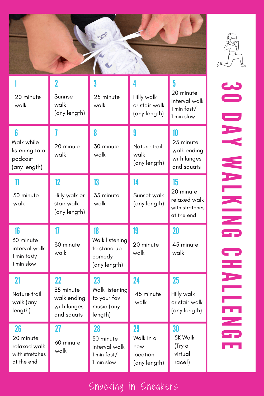 30 Day Walking Challenge (With Free Printable)! - Snacking In Sneakers regarding 28 Day Indoor Walking Challenge Free Printable