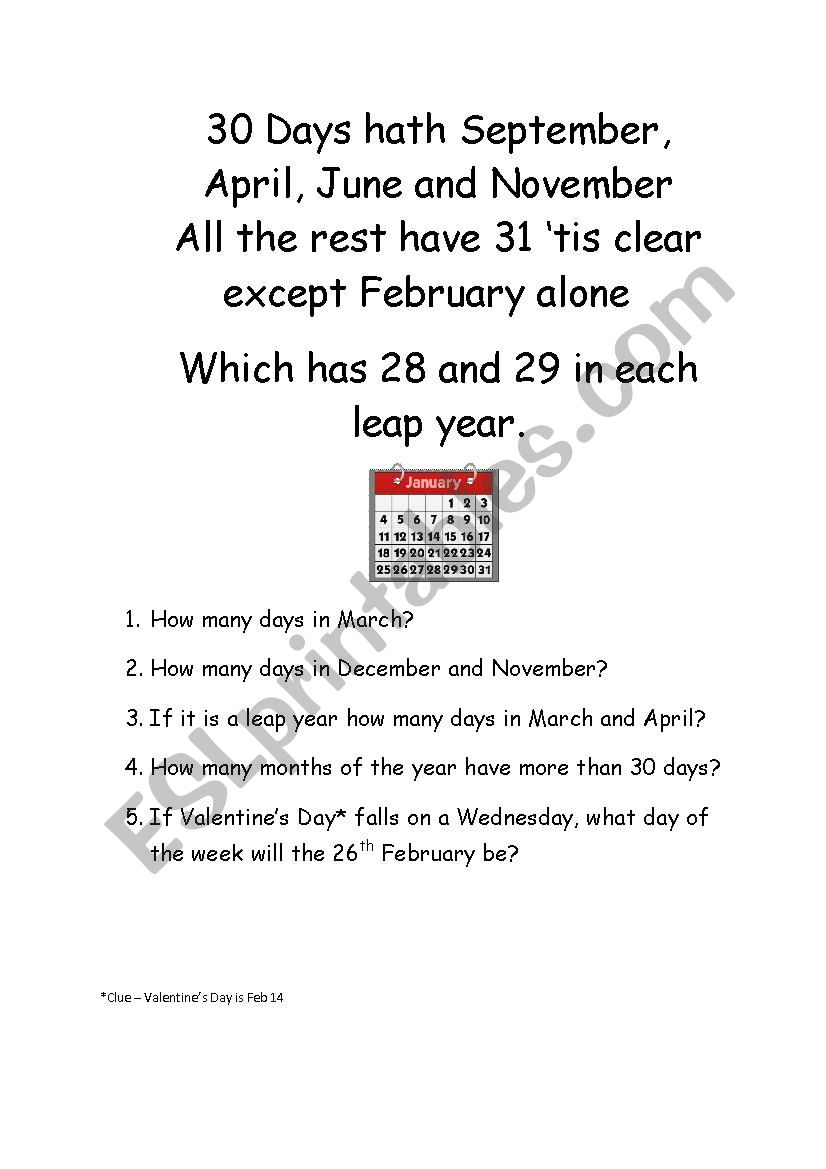 30 Days Hath September - Esl Worksheetwaily with 30 Days Hath September Poem Printable