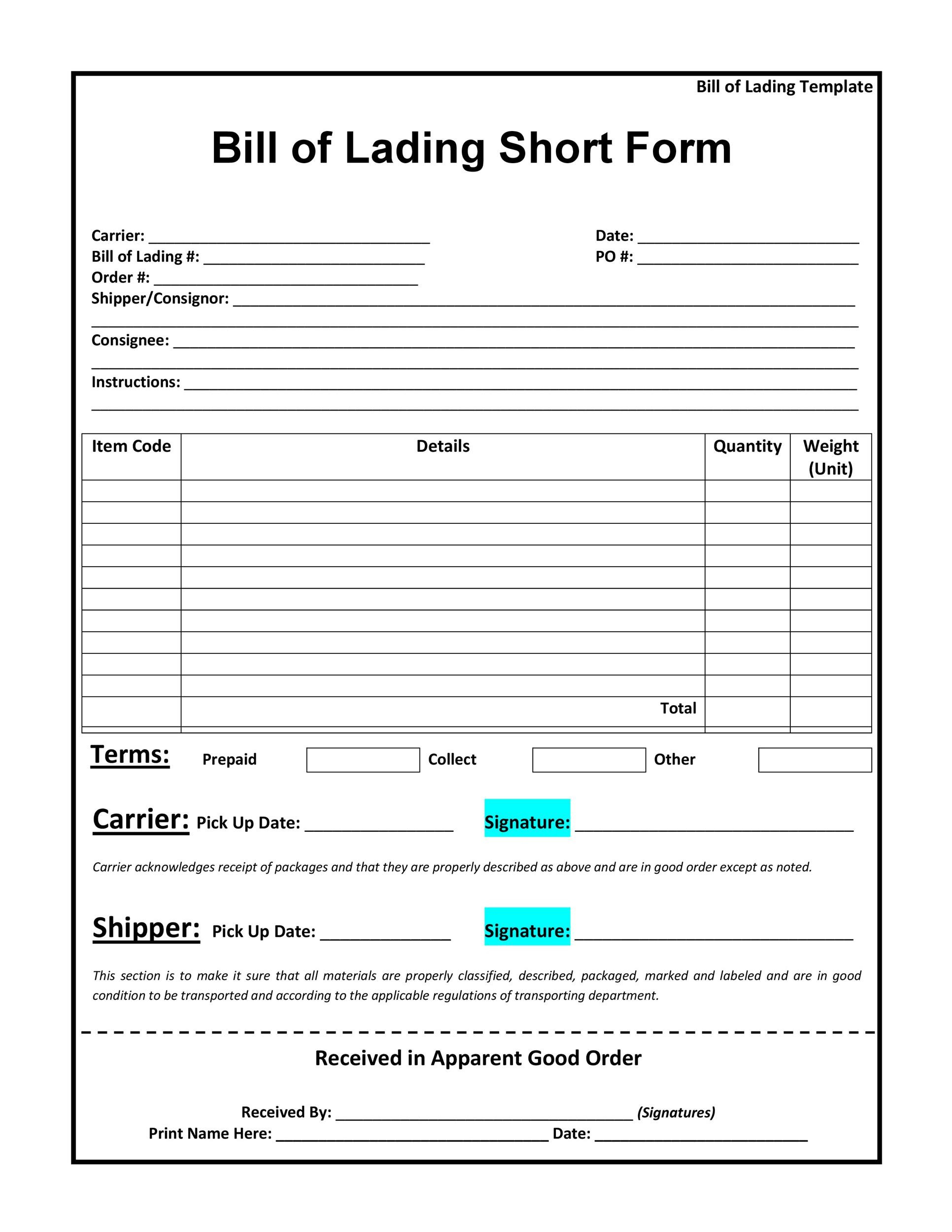 40 Free Bill Of Lading Forms & Templates ᐅ Templatelab inside Free Printable Bill of Lading
