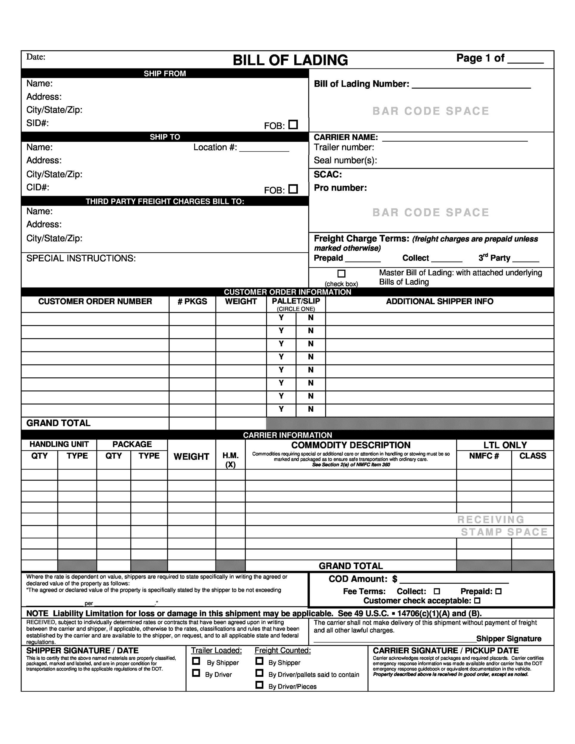 40 Free Bill Of Lading Forms & Templates ᐅ Templatelab intended for Free Printable Bill of Lading