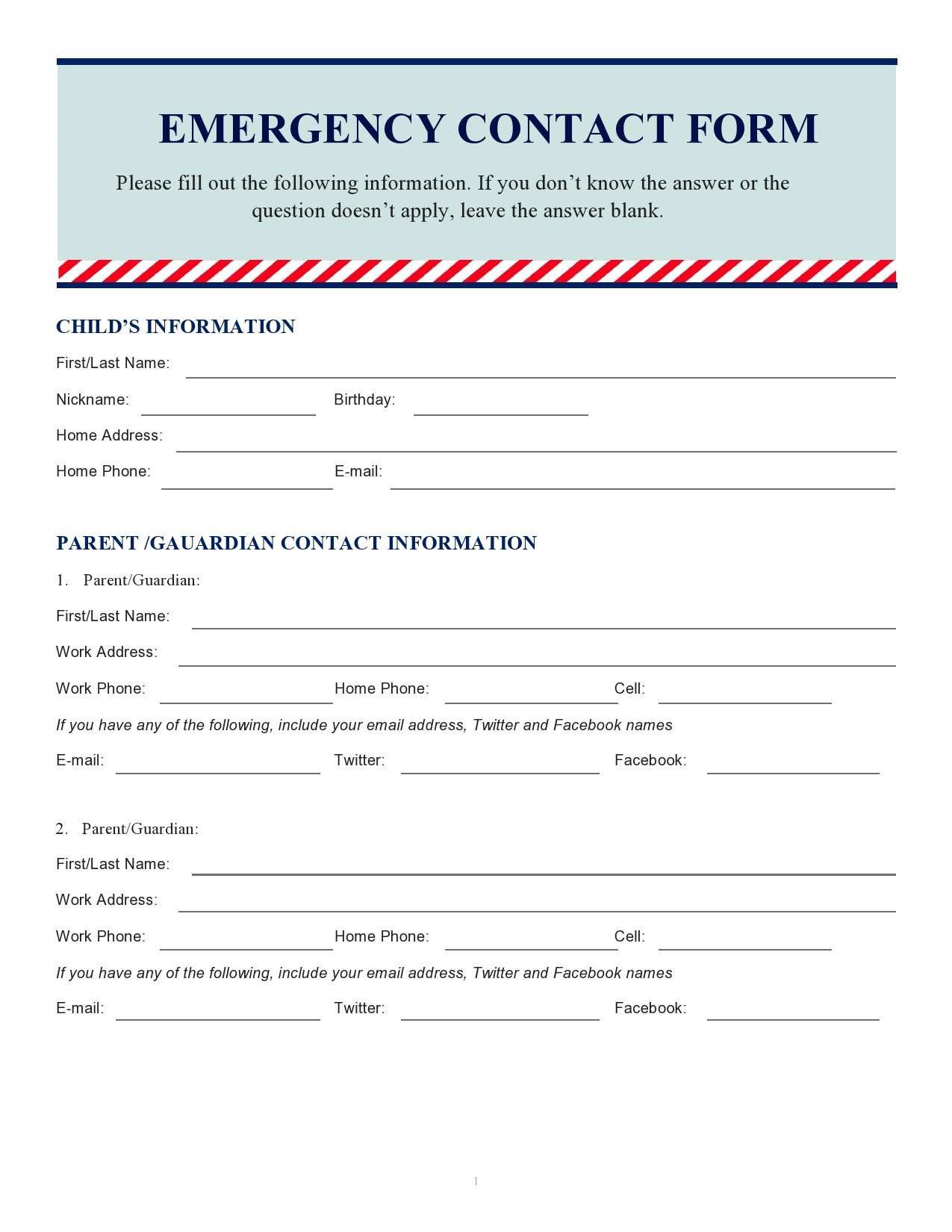 42 Printable Emergency Contact Forms (100% Free) inside Free Printable Emergency Contact Form
