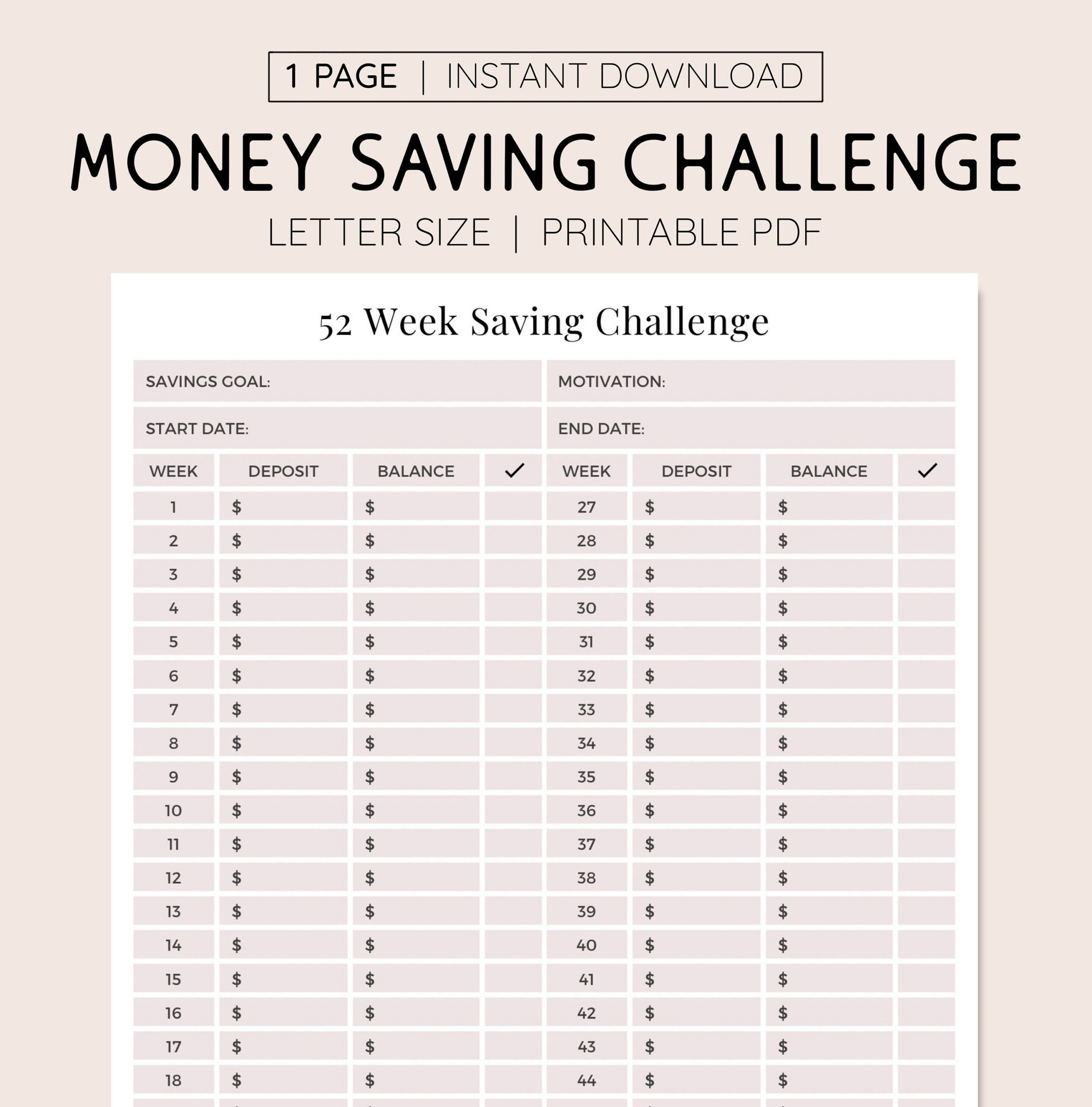 52 Woche Spar-Challenge Zum Ausdrucken: Jährlicher Ziel-Tracker throughout 52 Week Money Saving Challenge Printable