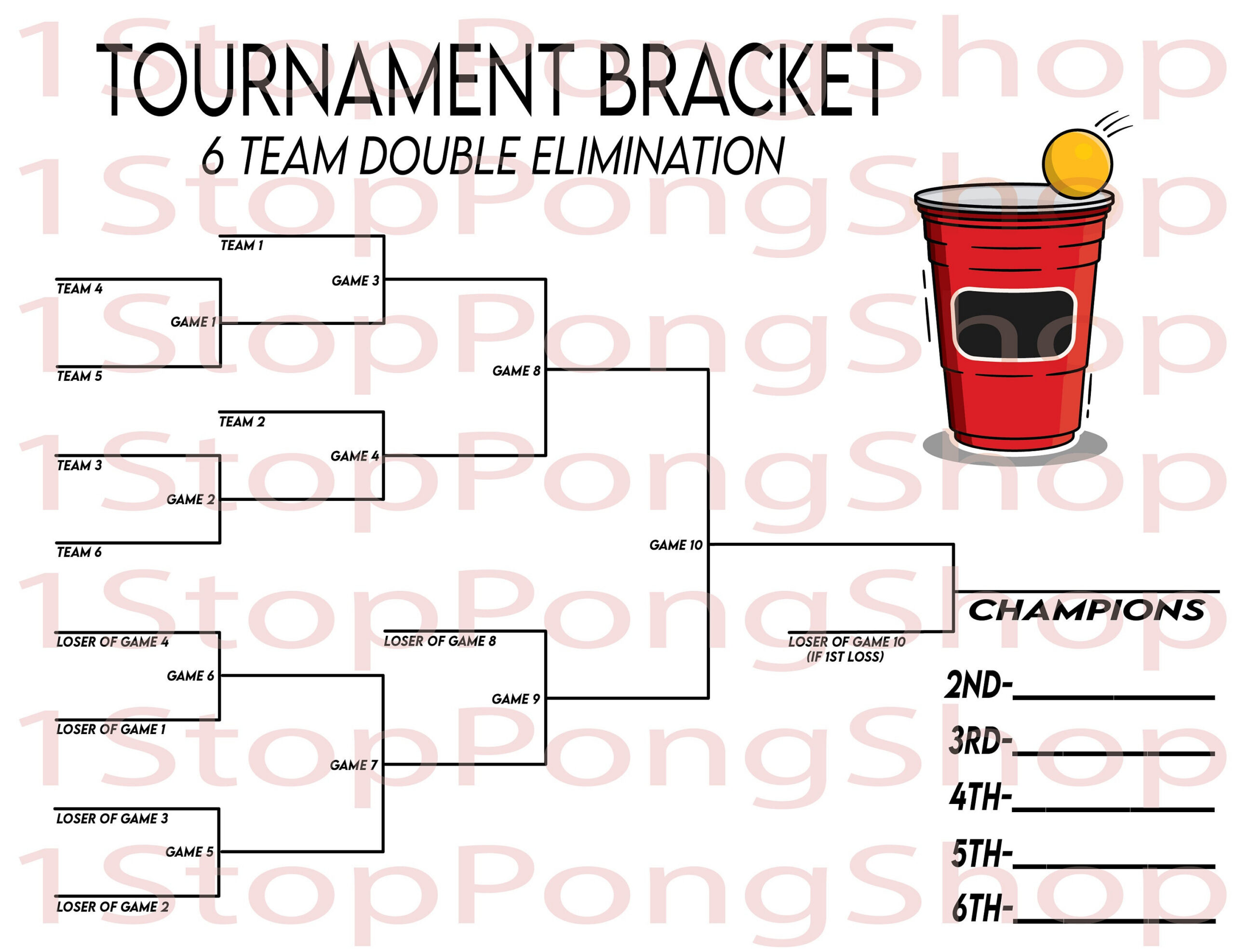 6 Team Double Elimination Beer Pong Tournament Bracket, Instant within 6 Team Double Elimination Bracket Printable
