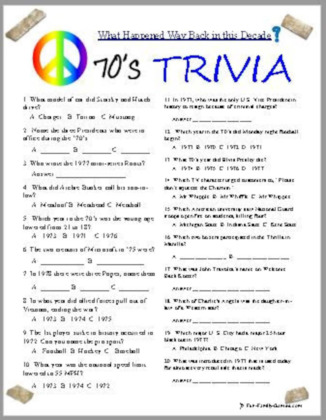 70'S Trivia, - Etsy intended for 70s Trivia Questions and Answers Printable