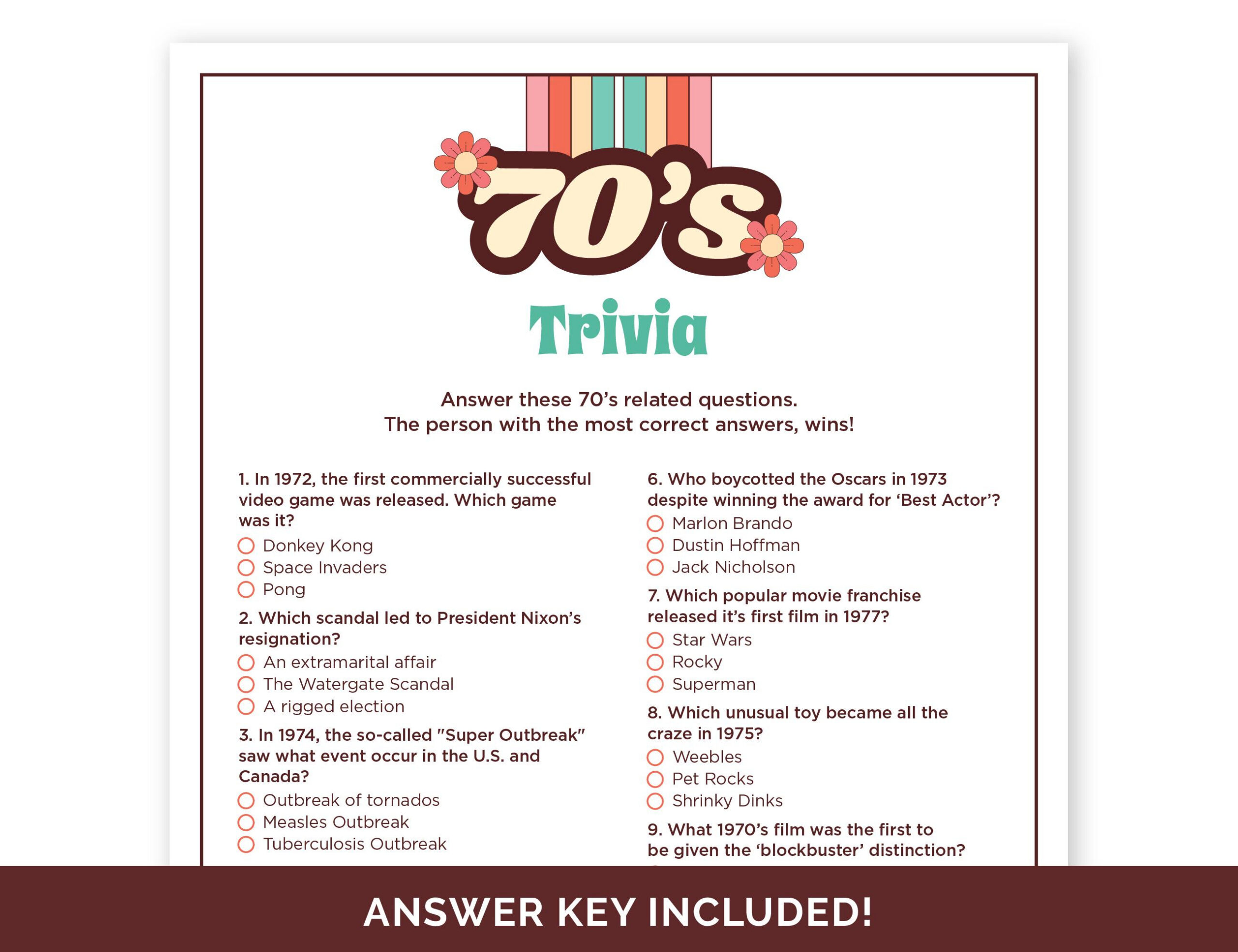 70'S Trivia Game, Printable Quiz With Answers For A 70'S Theme inside 70S Trivia Questions And Answers Printable