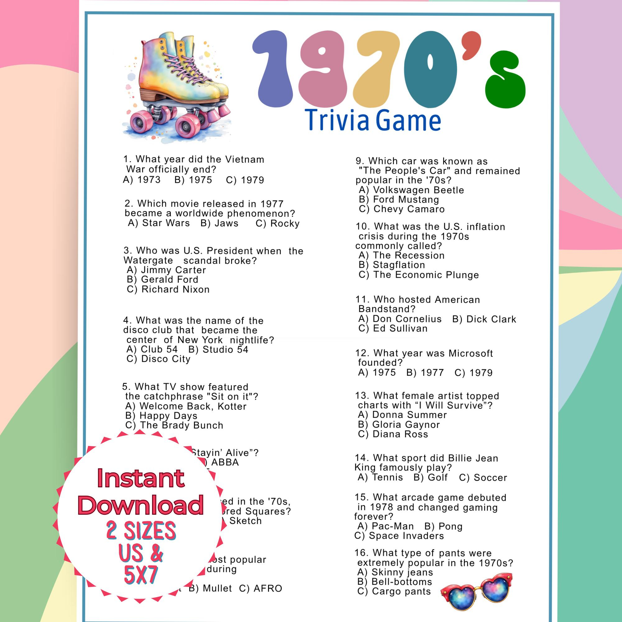 70S Trivia Questions And Answers Printable, 1970S Trivia Quiz, Pub for 70s Trivia Questions and Answers Printable