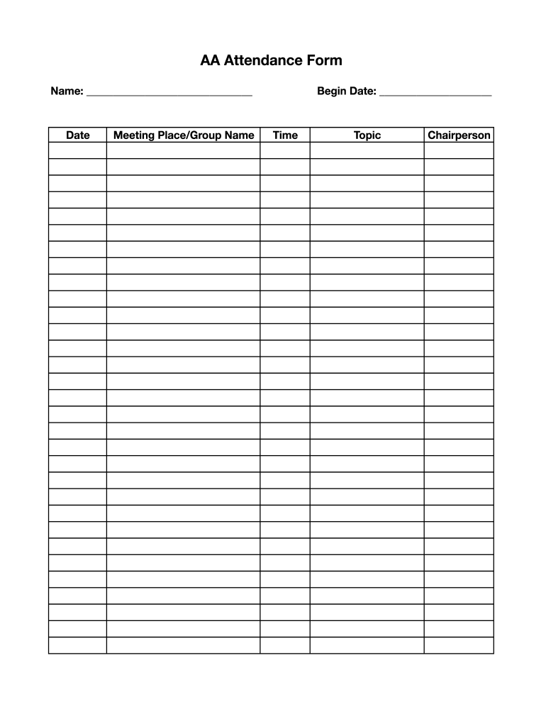 Aa Attendance Form - Fill Online, Printable, Fillable, Blank throughout Printable Aa Sign in Sheet