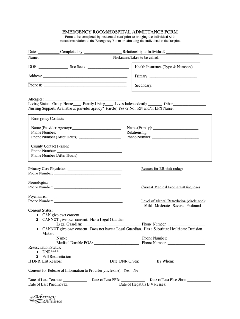 Advocacy Alliance Emergency Room Hospital Admittance Form - Fill intended for Printable Fillable Real Hospital Discharge Papers