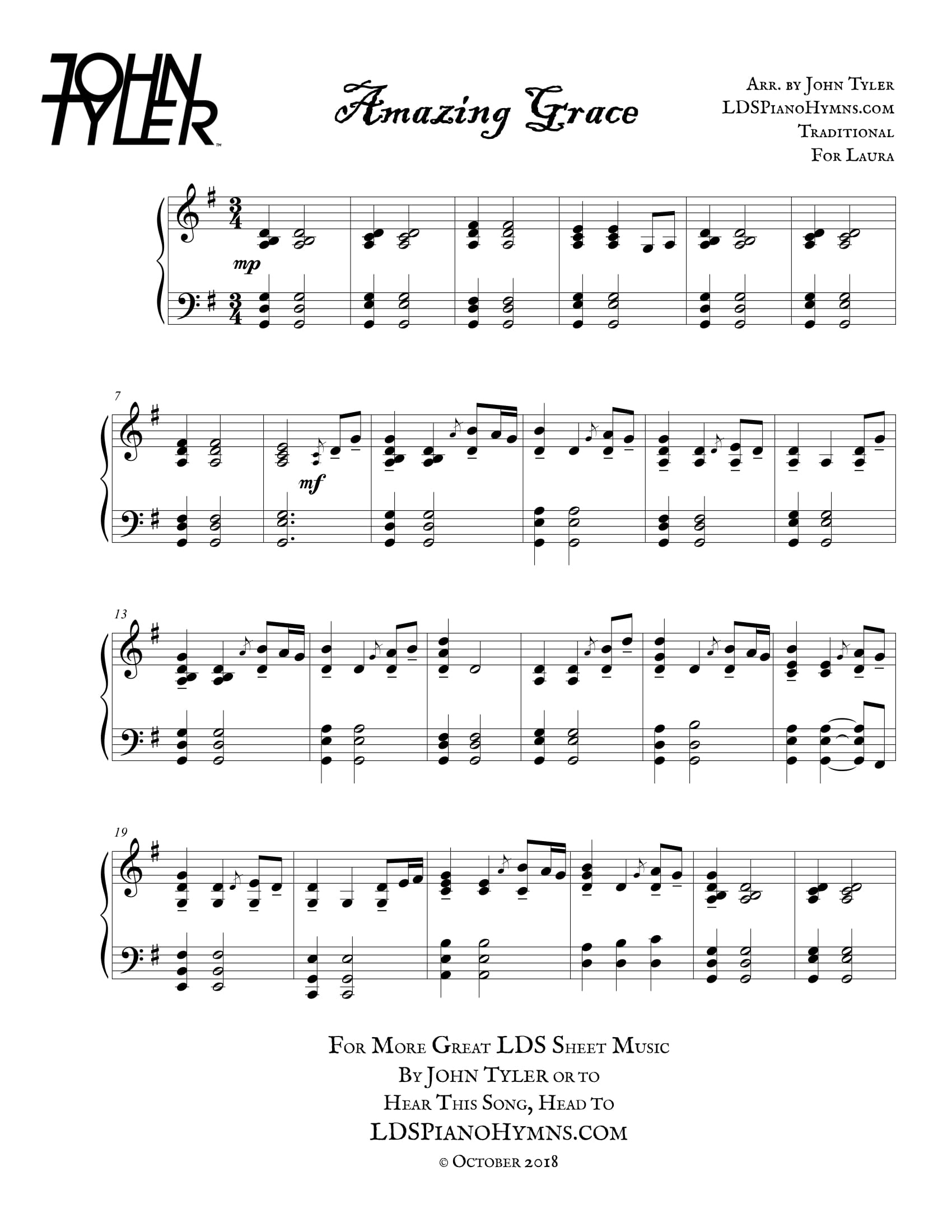 Amazing Grace - Free Lds Piano Solosjohn Tyler - Worksheets inside Amazing Grace Printable Sheet Music
