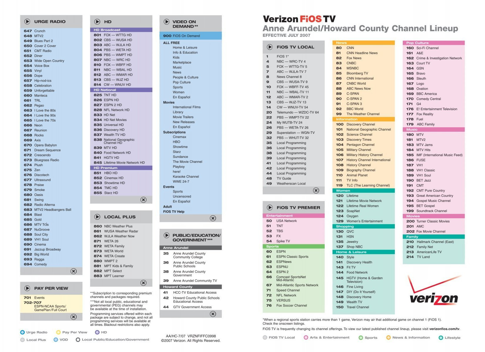 Anne Arundel/Howard County Channel Lineup - Verizon with regard to Printable Verizon Fios Channel Guide