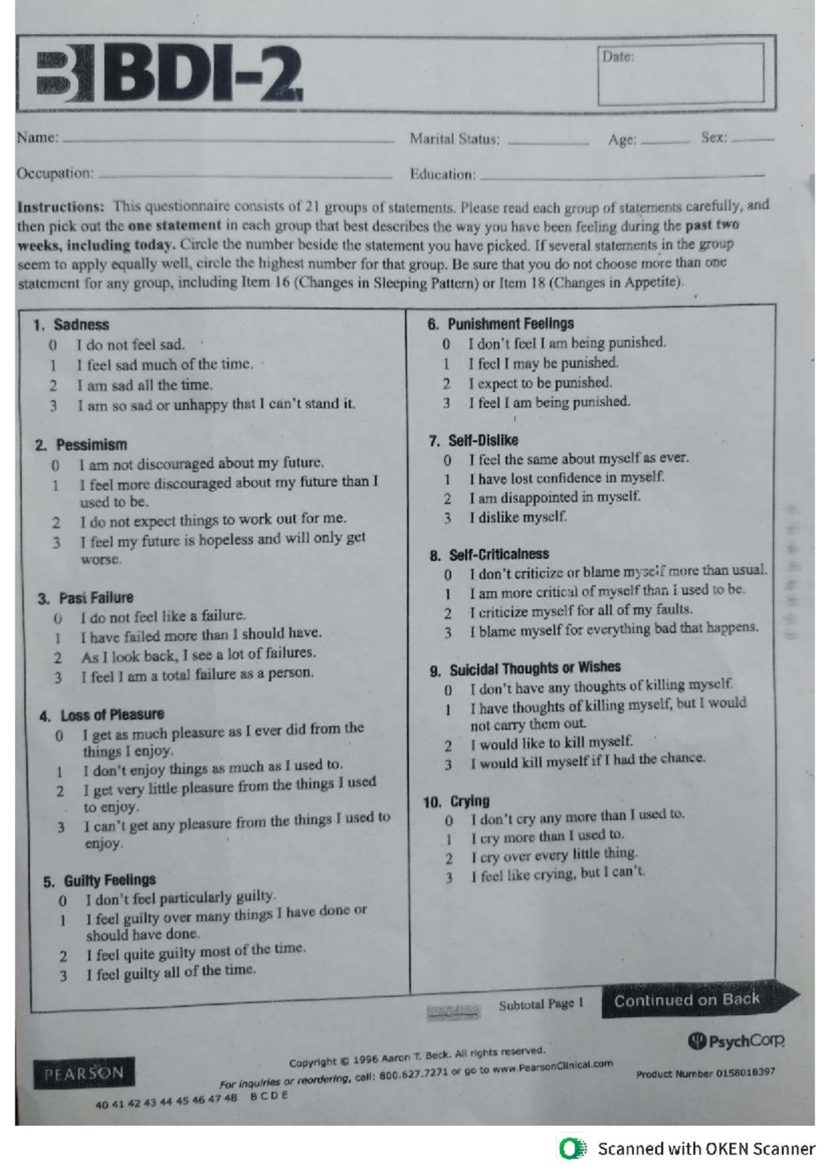 Bdi 2 Questionnaire - Understanding Depression Symptoms And for Beck Depression Inventory 2 Printable