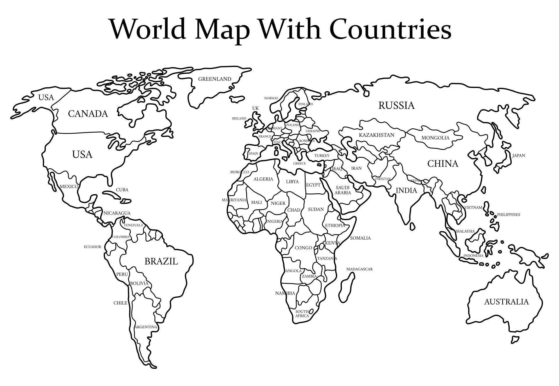 Black And White World Map - 20 Free Pdf Printables | Printablee for Printable World Map in Black and White