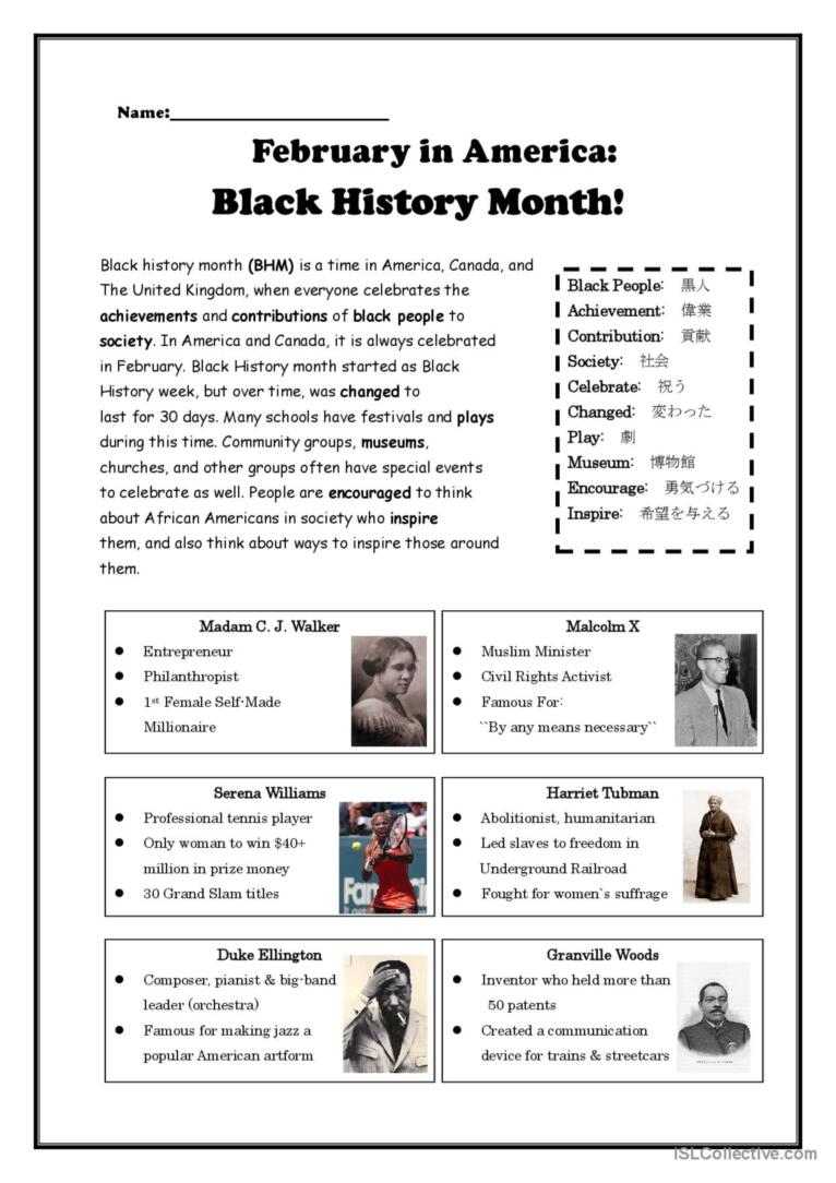 Black History Month!: English Esl Worksheets Pdf & Doc for Black History Month Worksheets Printable