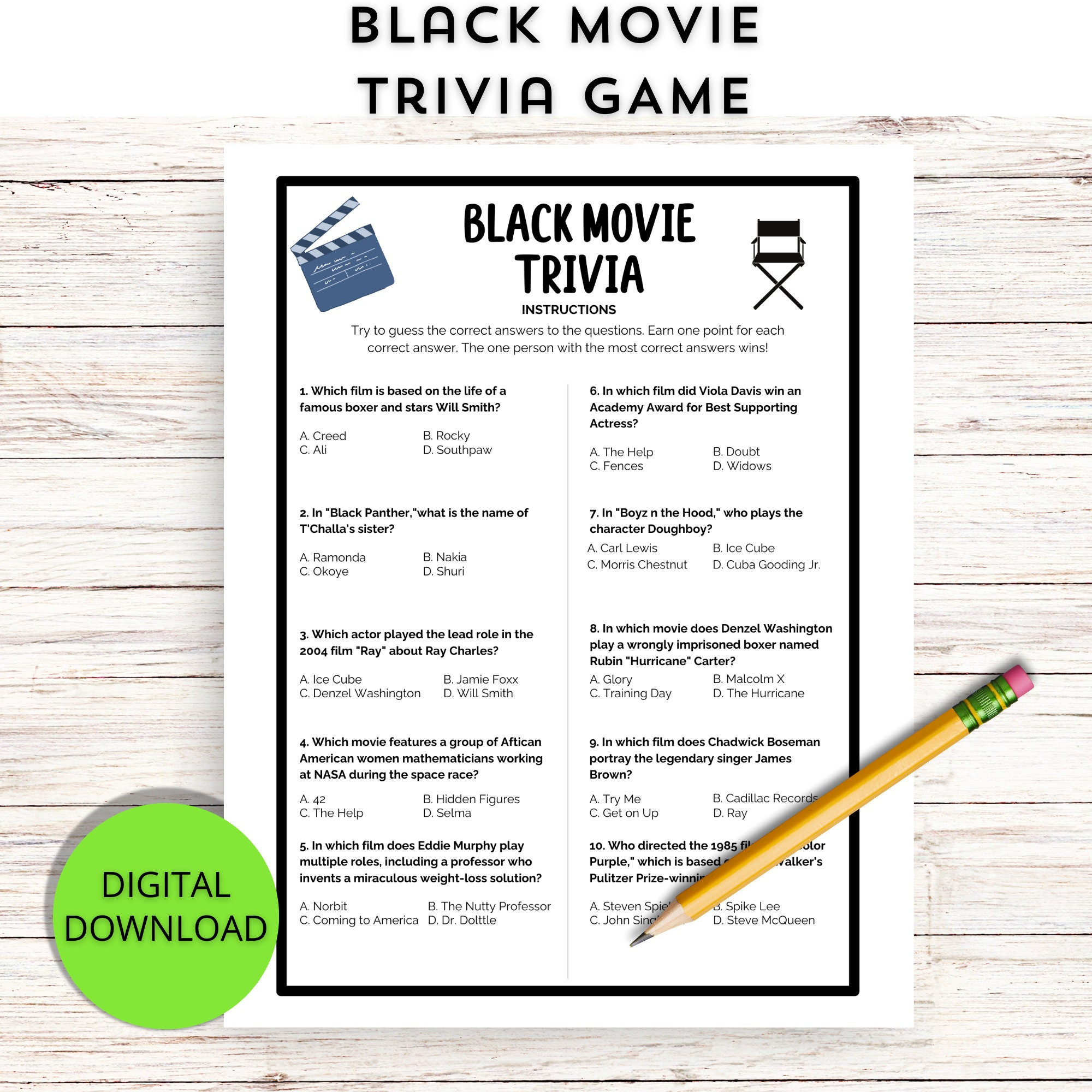 Black Movie Trivia Printable Game, African American Movie Trivia for Funny Black Trivia Questions and Answers Printable