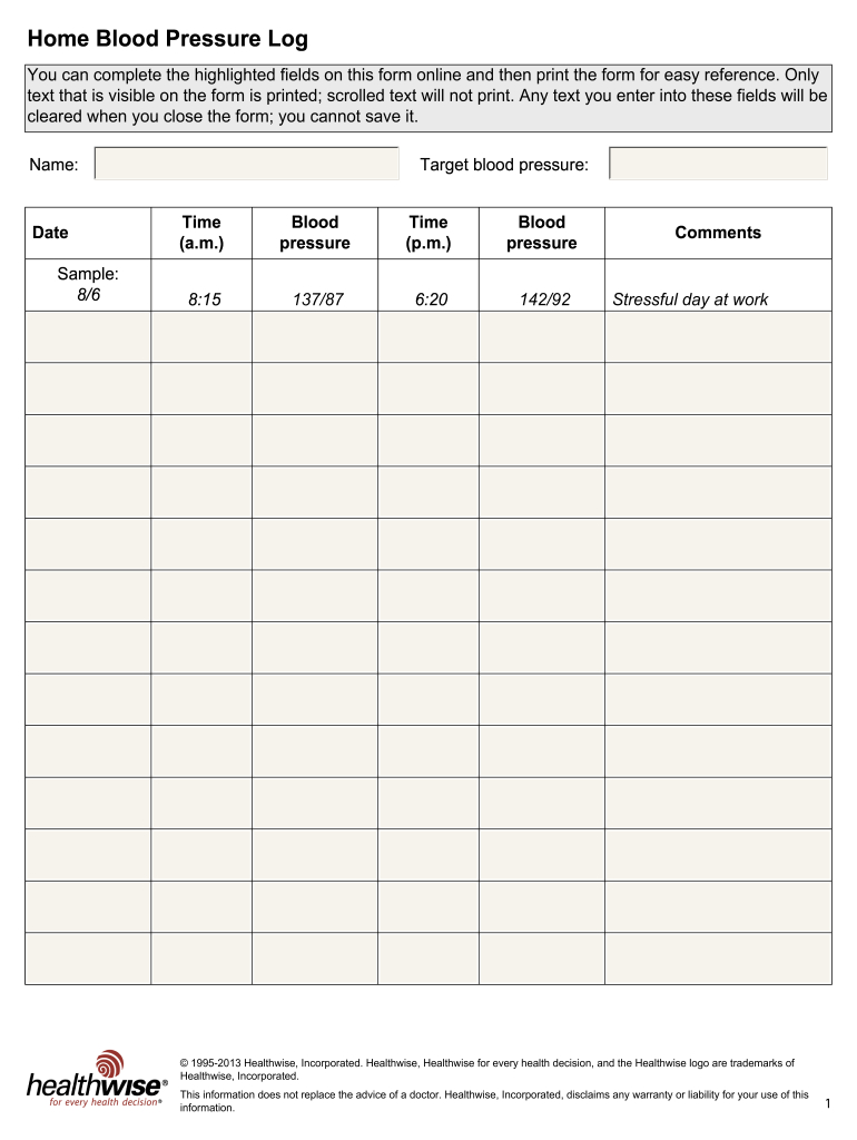 Blood Pressure Chart - Fill Online, Printable, Fillable, Blank inside Blood Pressure Record Chart Printable