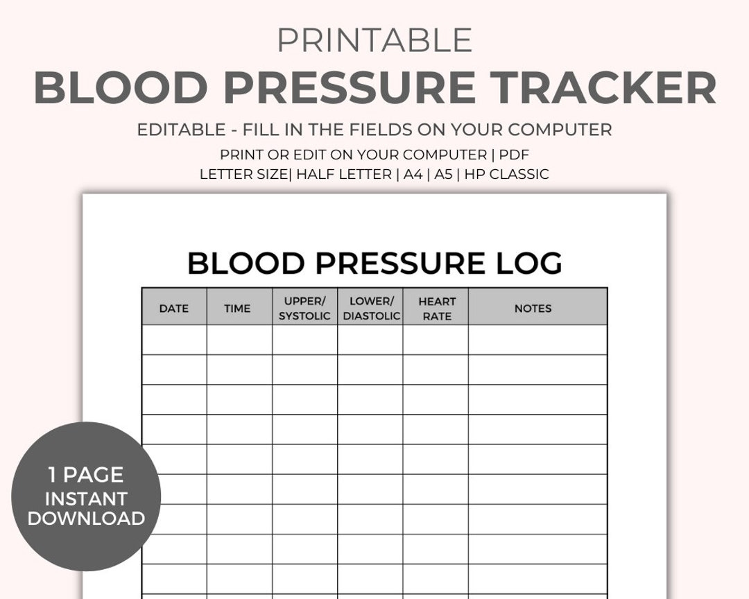 Blood Pressure Chart Printable - Instant Download, Medical Tracker throughout Blood Pressure Record Chart Printable