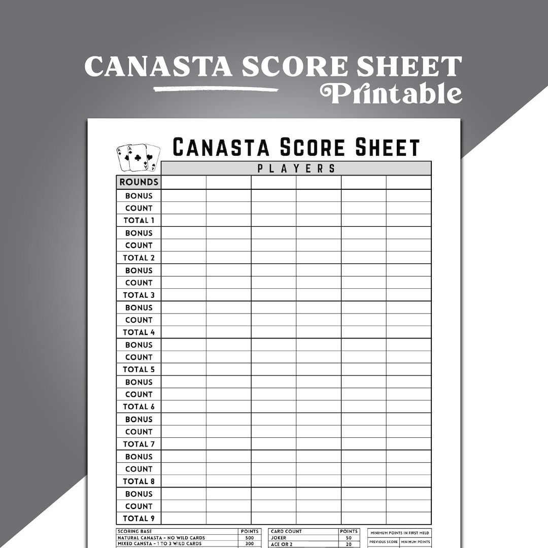 Canasta Score Sheet, Canasta Card Game Score Sheet, Printable in Beginner Printable Canasta Cheat Sheet