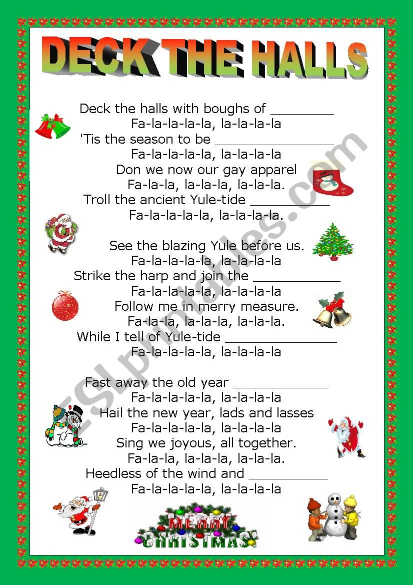 Deck The Halls + Key. Christmas Carol - Esl Worksheet pertaining to Deck The Halls Lyrics Printable