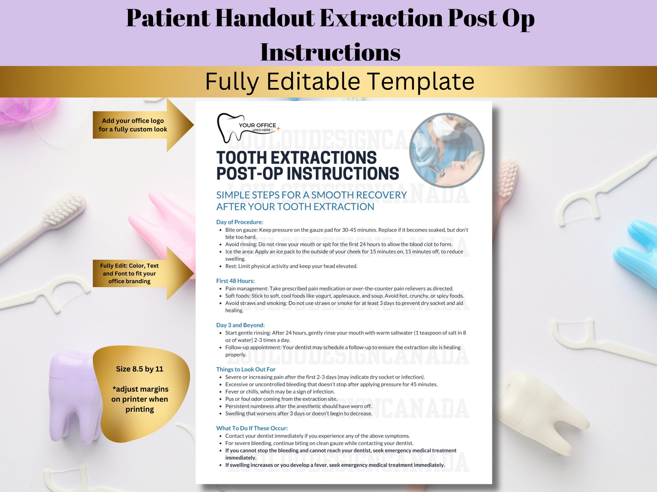 Dental Extraction Post Op Guide | Customizable Tooth Extraction Aftercare  Instructions | Editable Template | Dental Office Patient Handout with Post Op Extraction Instructions Printable