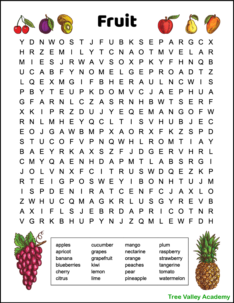 Difficult Fruit Word Search For Kids - Tree Valley Academy regarding Find A Word Puzzle Printable