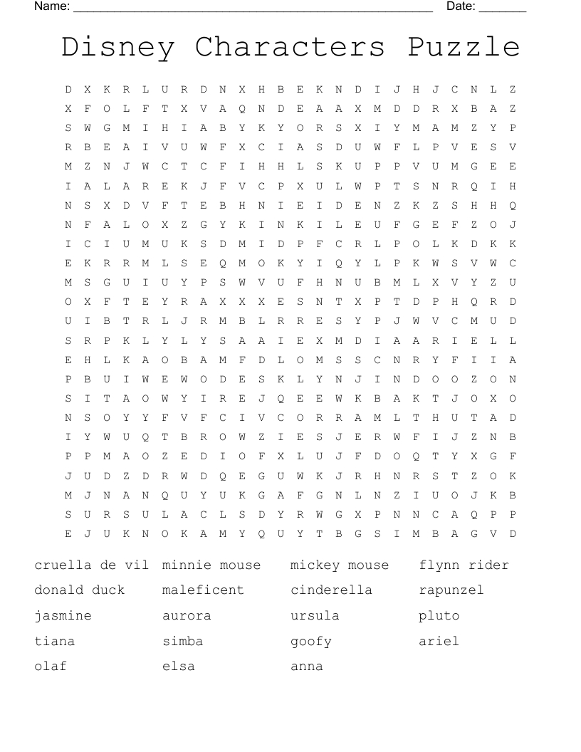 Disney Characters (Hard) Word Search - Wordmint for Disney Word Search Printable Hard