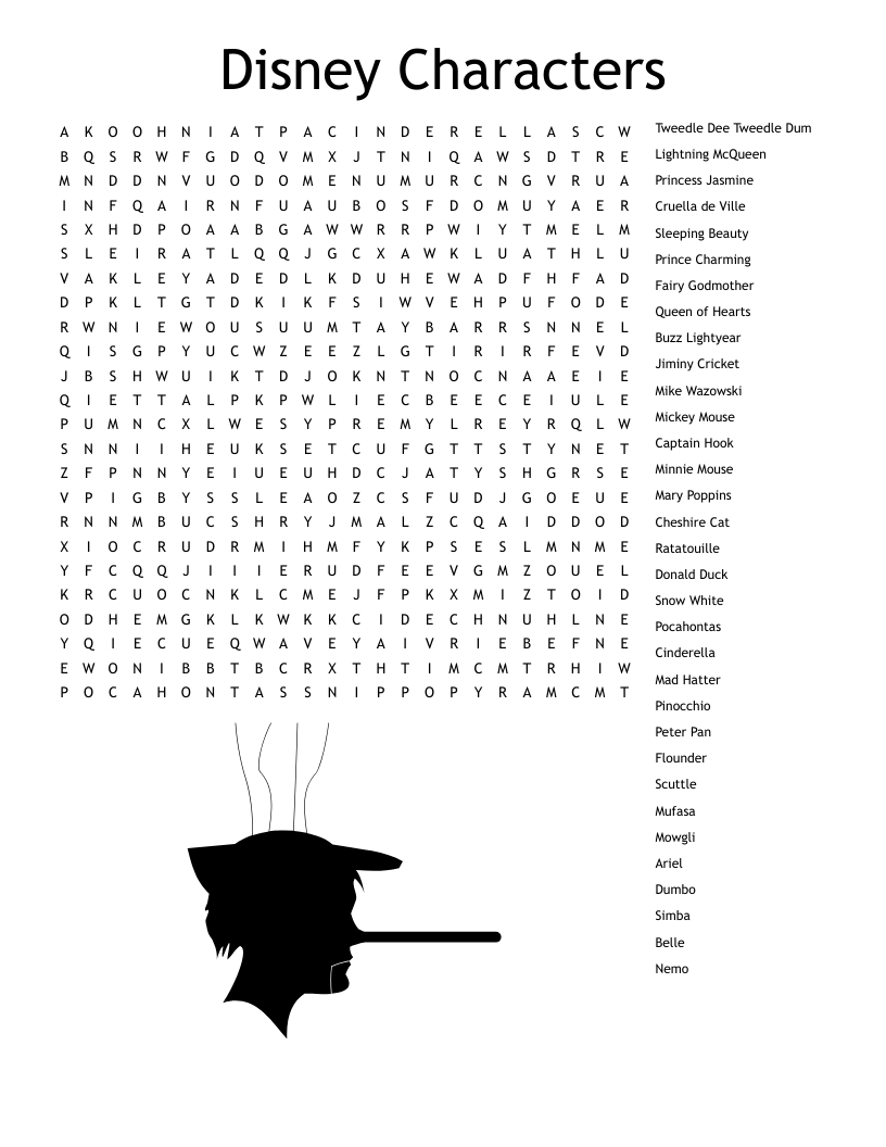 Disney Characters (Hard) Word Search - Wordmint intended for Disney Word Search Printable Hard