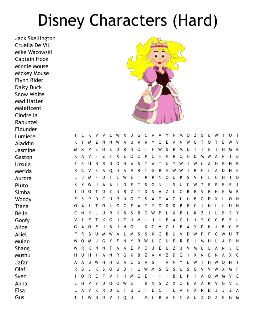 Disney Characters (Hard) Word Search - Wordmint with Disney Word Search Printable Hard