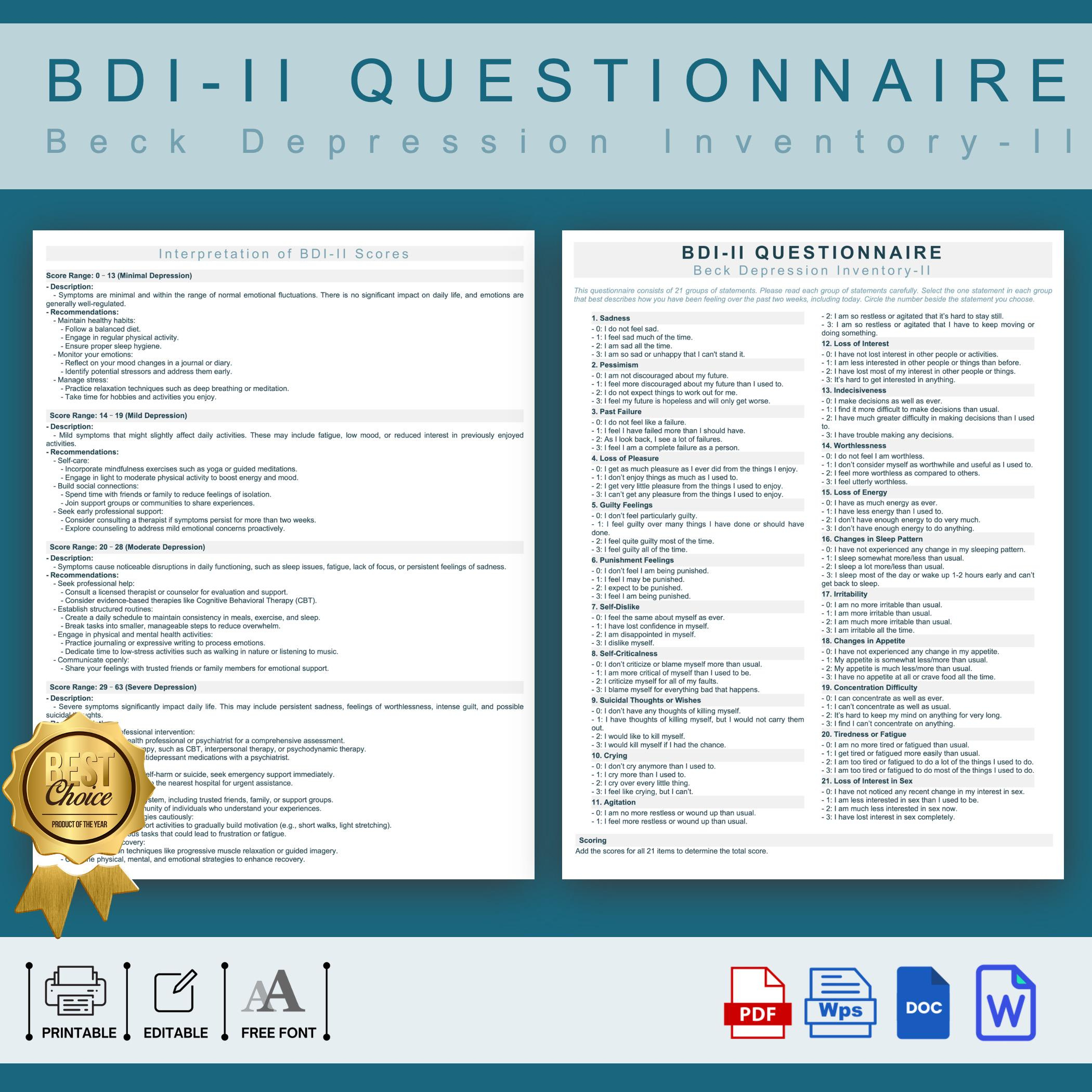 Druckbarer Beck Depression Lager (Bdi-Ii) Fragebogen in Beck Depression Inventory 2 Printable
