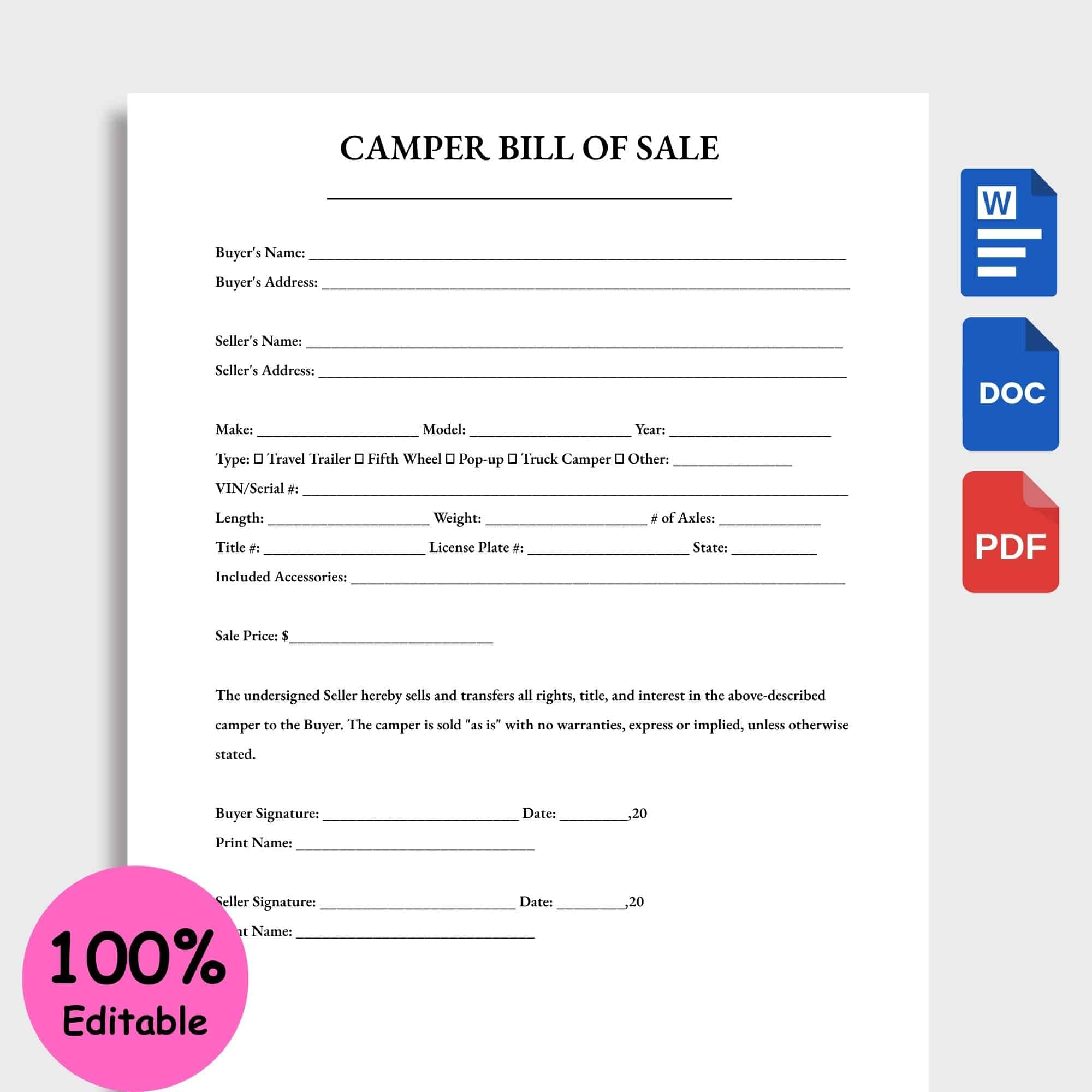 Editable Simple Camper Bill Of Sale Template Google Docs Word Pdf with regard to Printable Bill Of Sale For Camper