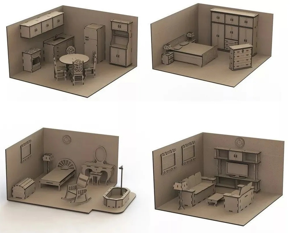 💭 Laser Cut Dollhouse Kit Mini Furniture Cnc Cdr・Free 3D File in 3d Printable Dollhouse Furniture Free