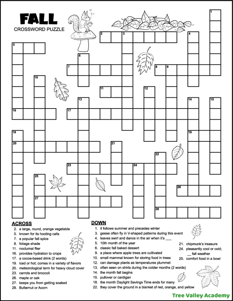 Fall Crossword Puzzle For Middle School - Tree Valley Academy with Printable Crossword Puzzles With Answers