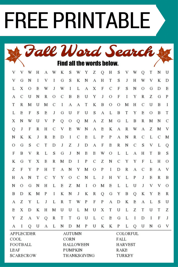 Fall Word Search Free Printable Worksheet throughout Word Find Puzzles Printable Free