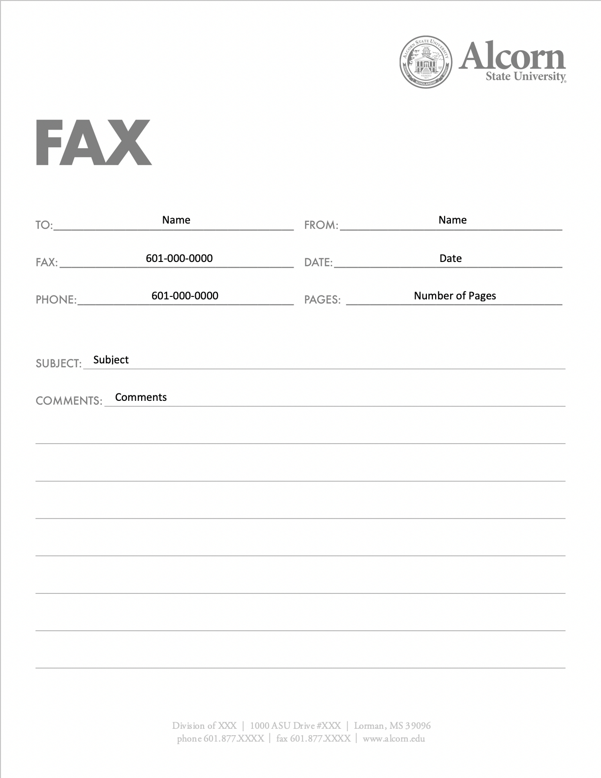 Fax Cover Sheet Template - Alcorn State University with Fax Cover Sheet Printable