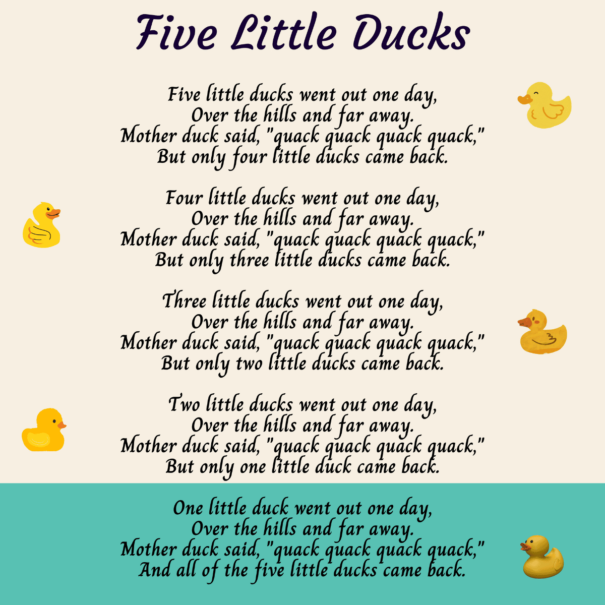 Five Little Ducks Printable Lyrics, Origins, And Video intended for 5 Little Ducks Lyrics Printable