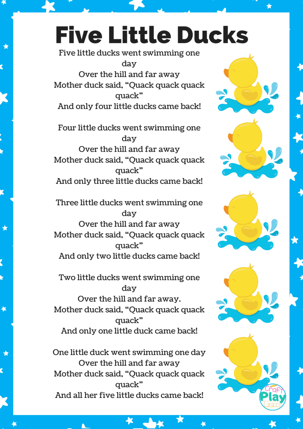 Five Little Ducks Song And Activity Ideas - Craft Play Learn for 5 Little Ducks Lyrics Printable