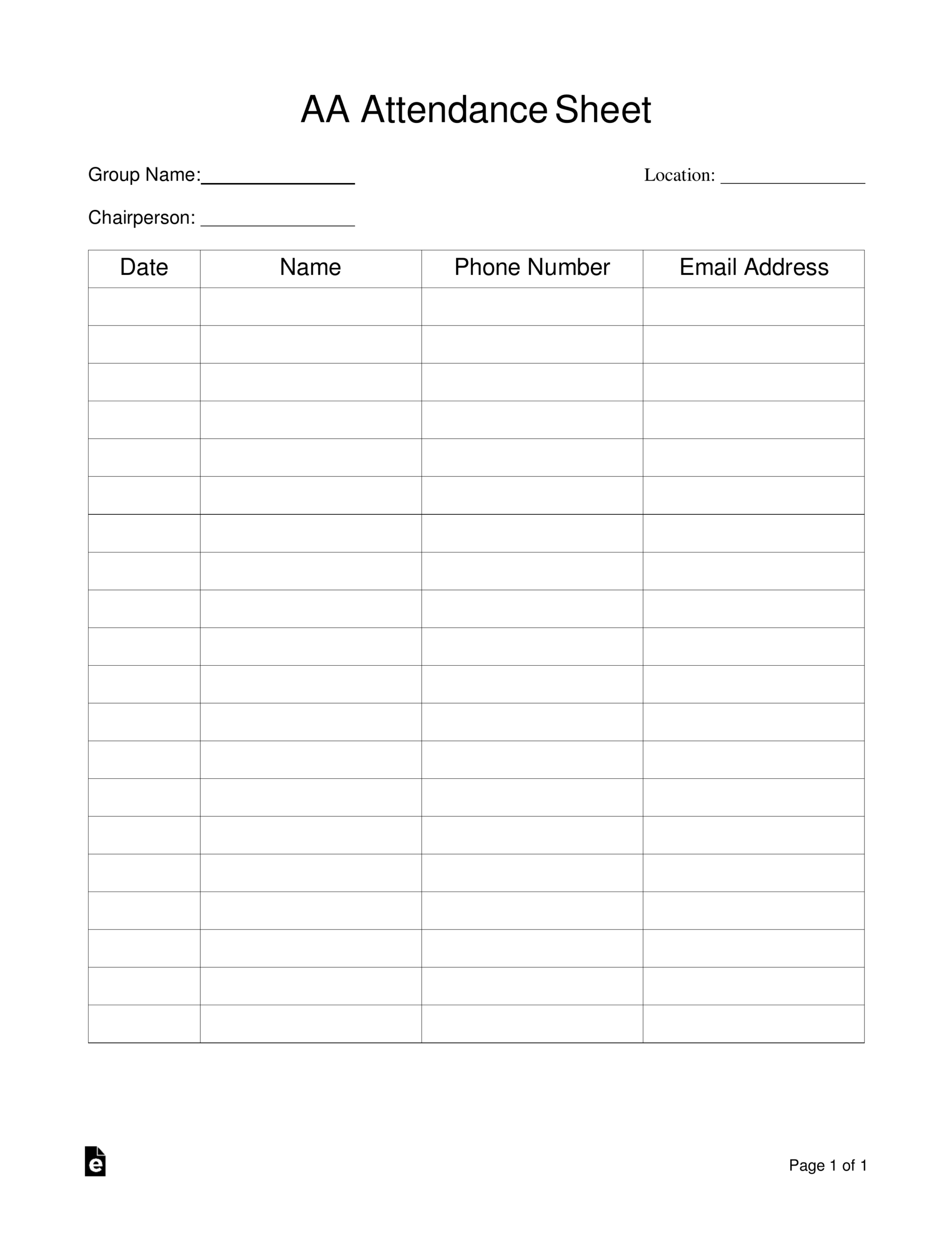 Free Alcoholics Anonymous (Aa) Sign-In / Attendance Sheet Template for Printable Aa Sign in Sheet