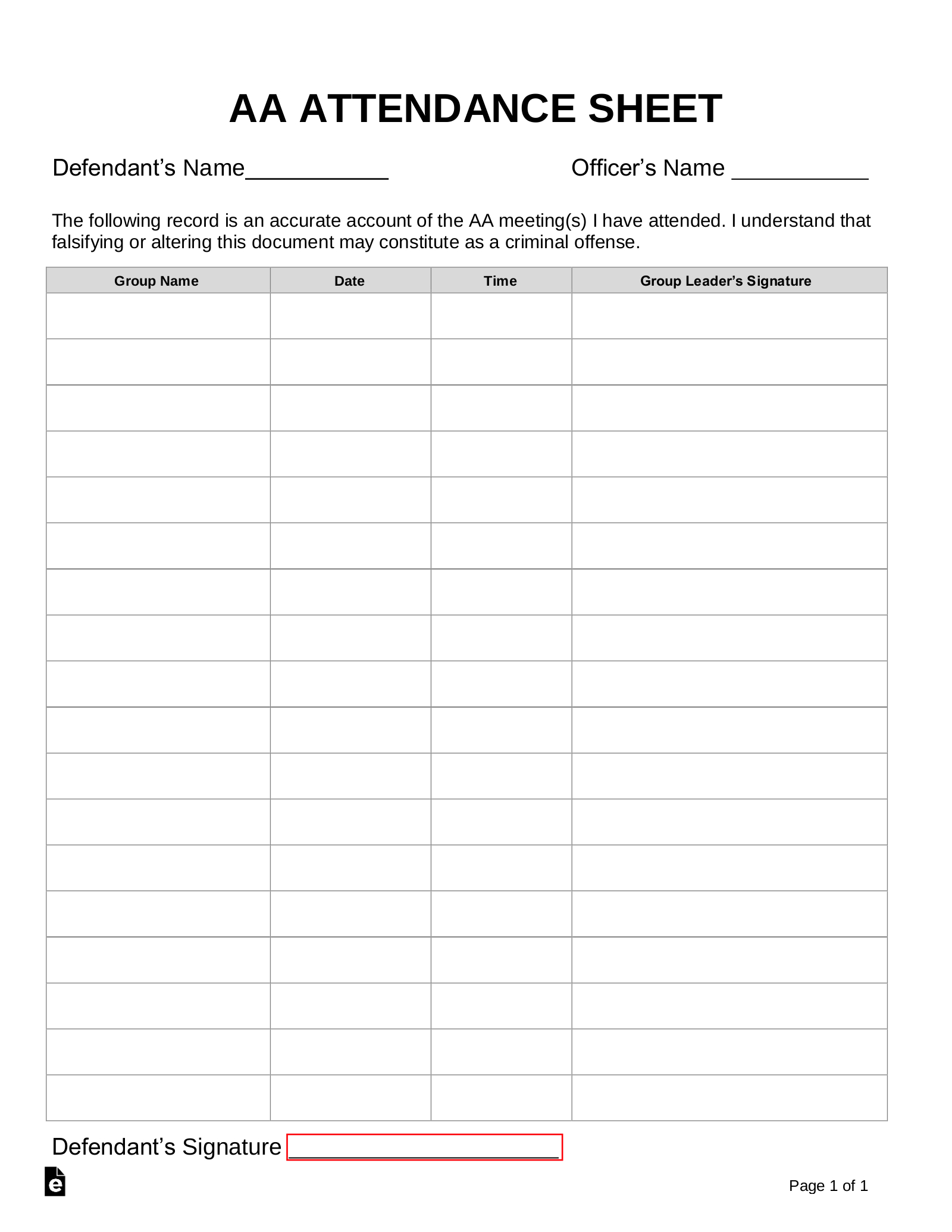 Free Alcoholics Anonymous (Aa) Sign-In/Attendance Sheet Template regarding Printable Aa Sign In Sheet