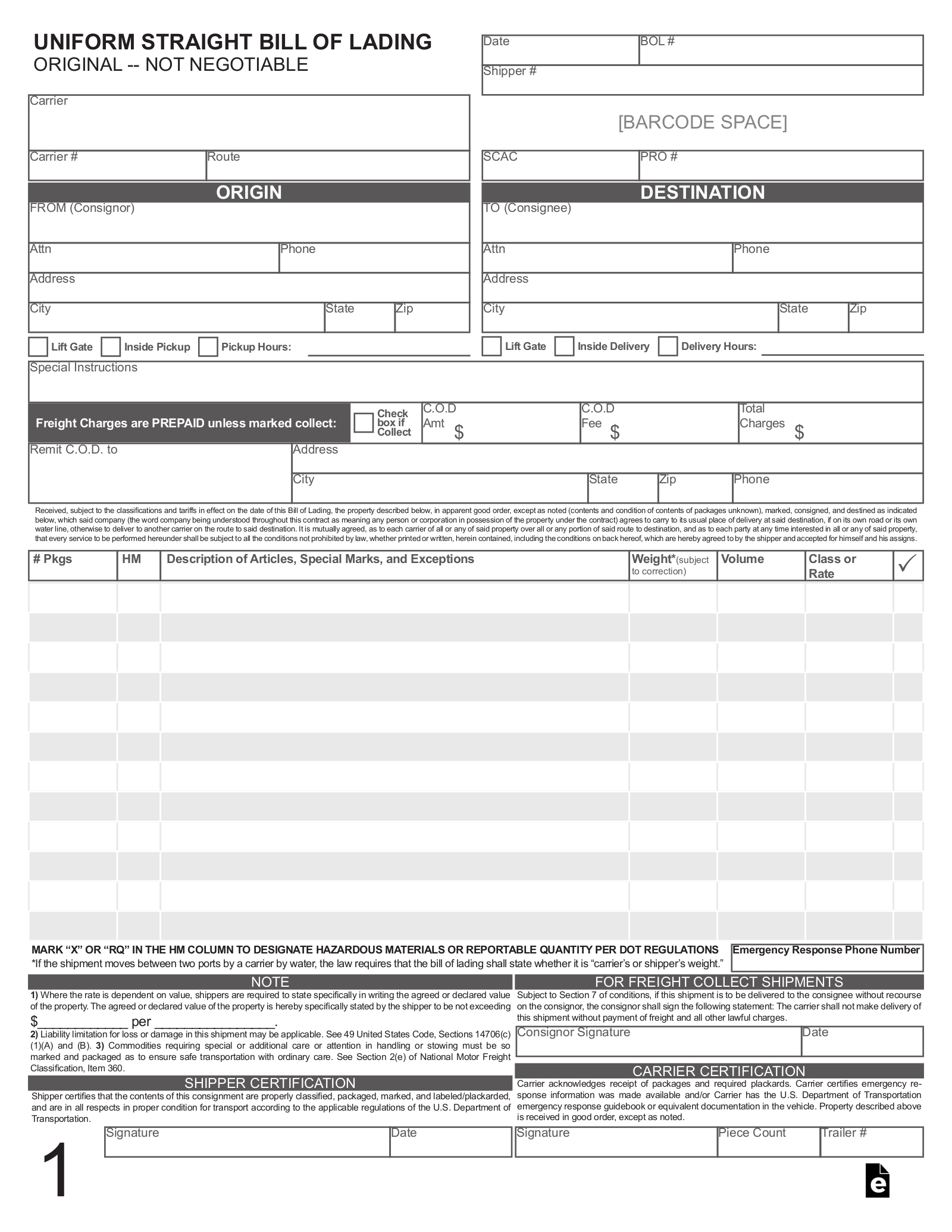 Free Bill Of Lading (Bol) - Pdf – Eforms intended for Free Printable Bill of Lading