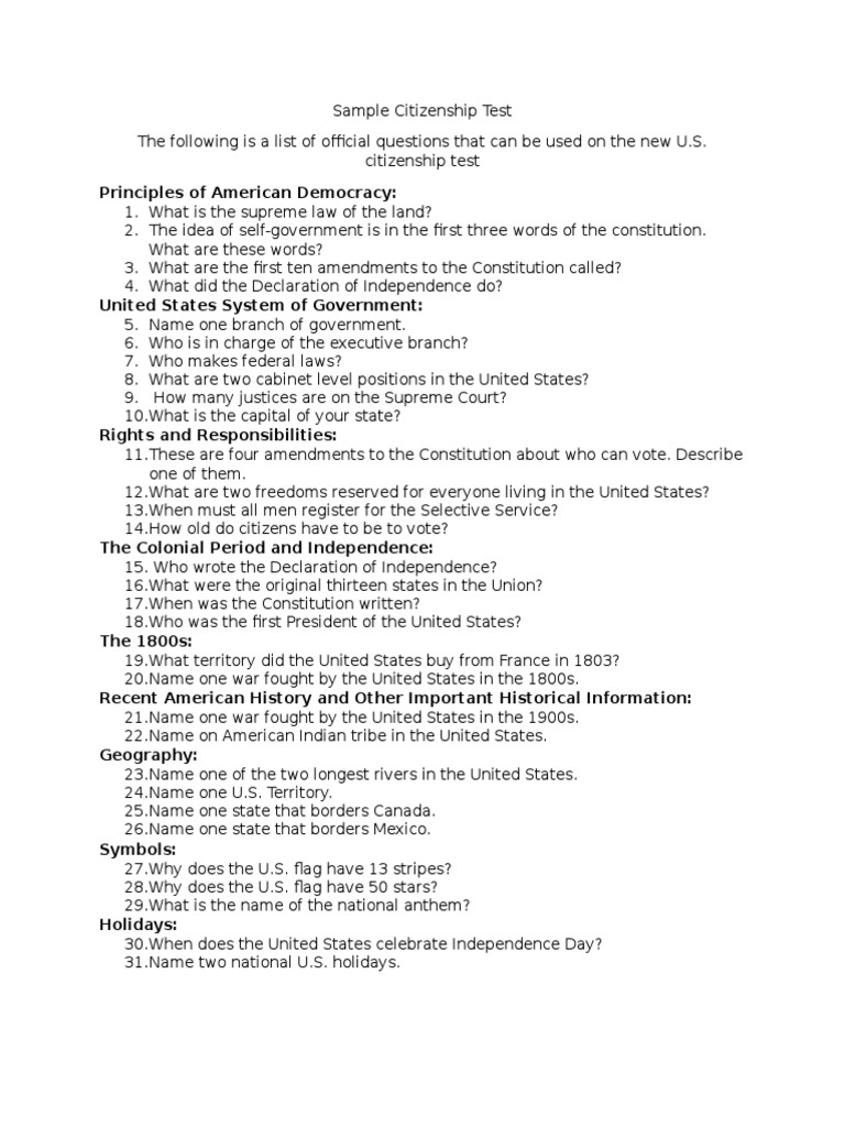Free Citizenship Test Worksheet, Download Free Citizenship Test throughout Printable U.S Citizenship Test