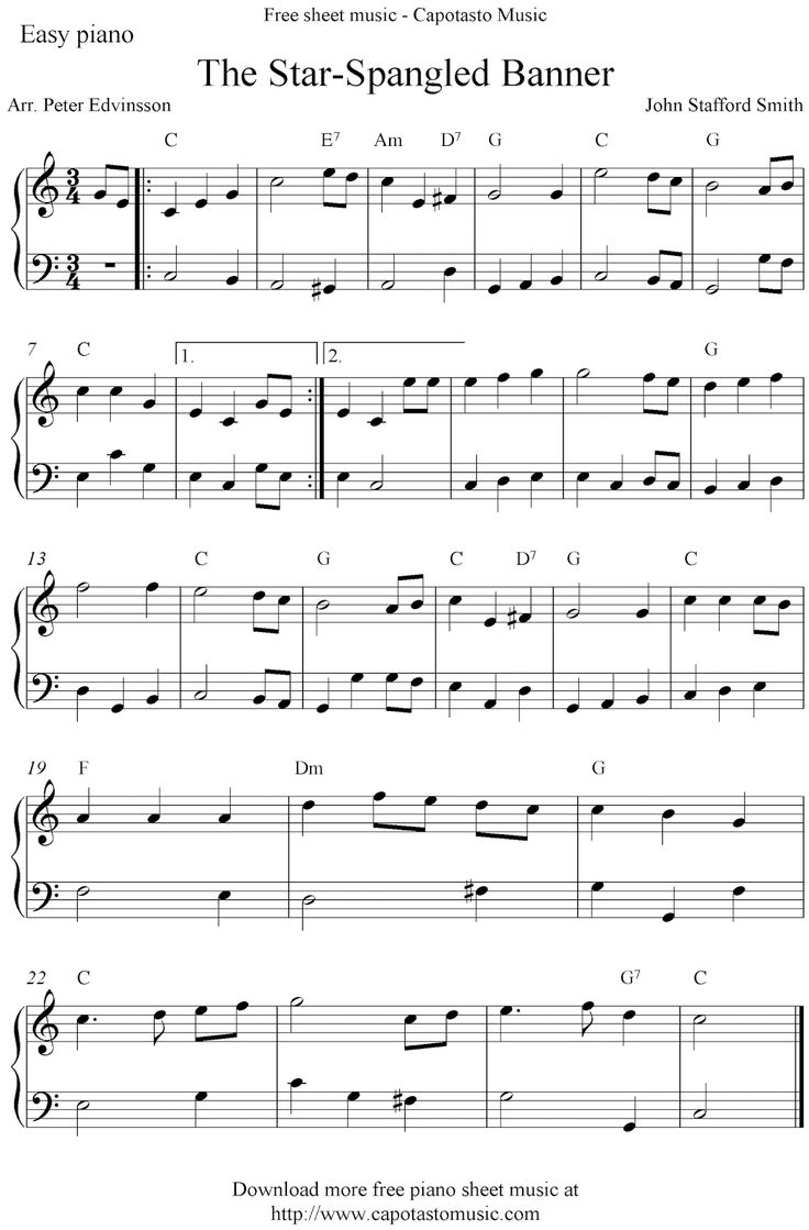 Free Easy Piano Sheet Music Score, The Star-Spangled Banner with regard to Free Printable Piano Sheet Music