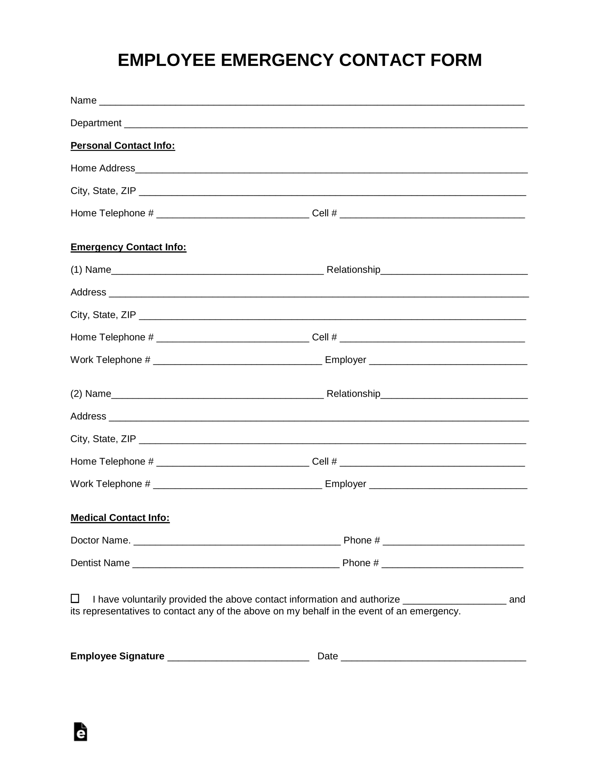 Free Employee Emergency Contact Form - Pdf | Word – Eforms for Free Printable Emergency Contact Form