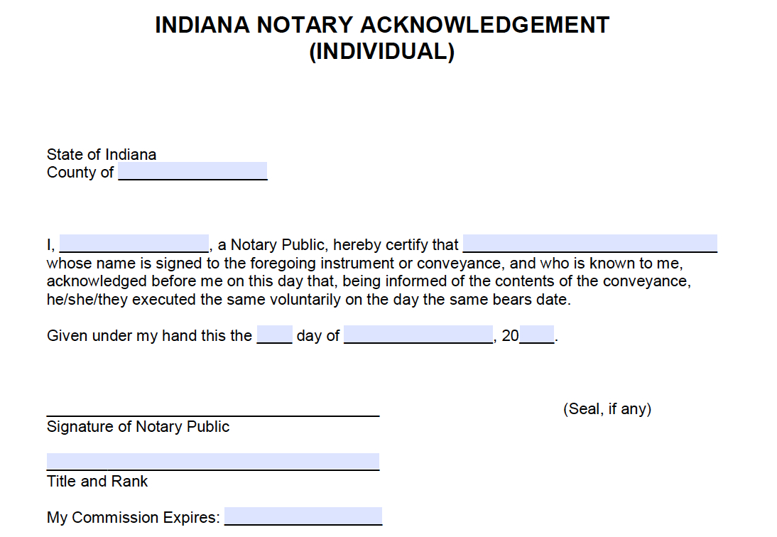Free Indiana Notary Acknowledgement - Individual - Pdf - Word pertaining to Free Printable Notary Forms Indiana