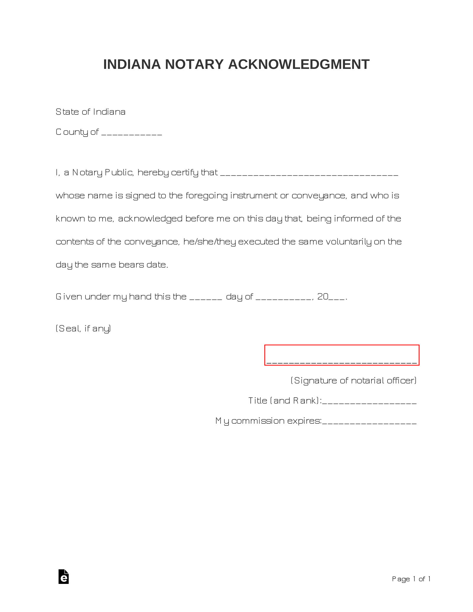 Free Indiana Notary Acknowledgment Form - Pdf | Word – Eforms pertaining to Free Printable Notary Forms Indiana