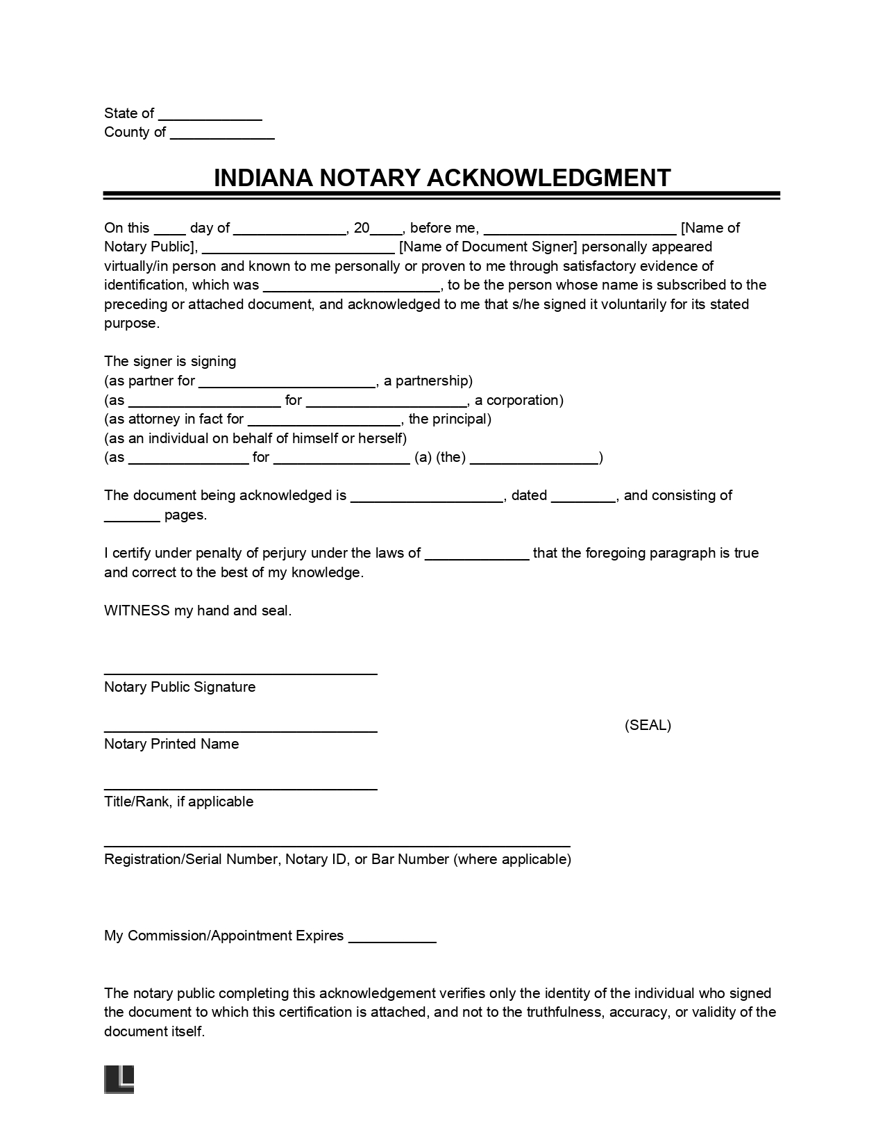 Free Indiana Notary Acknowledgment Form | Pdf & Word in Free Printable Notary Forms Indiana