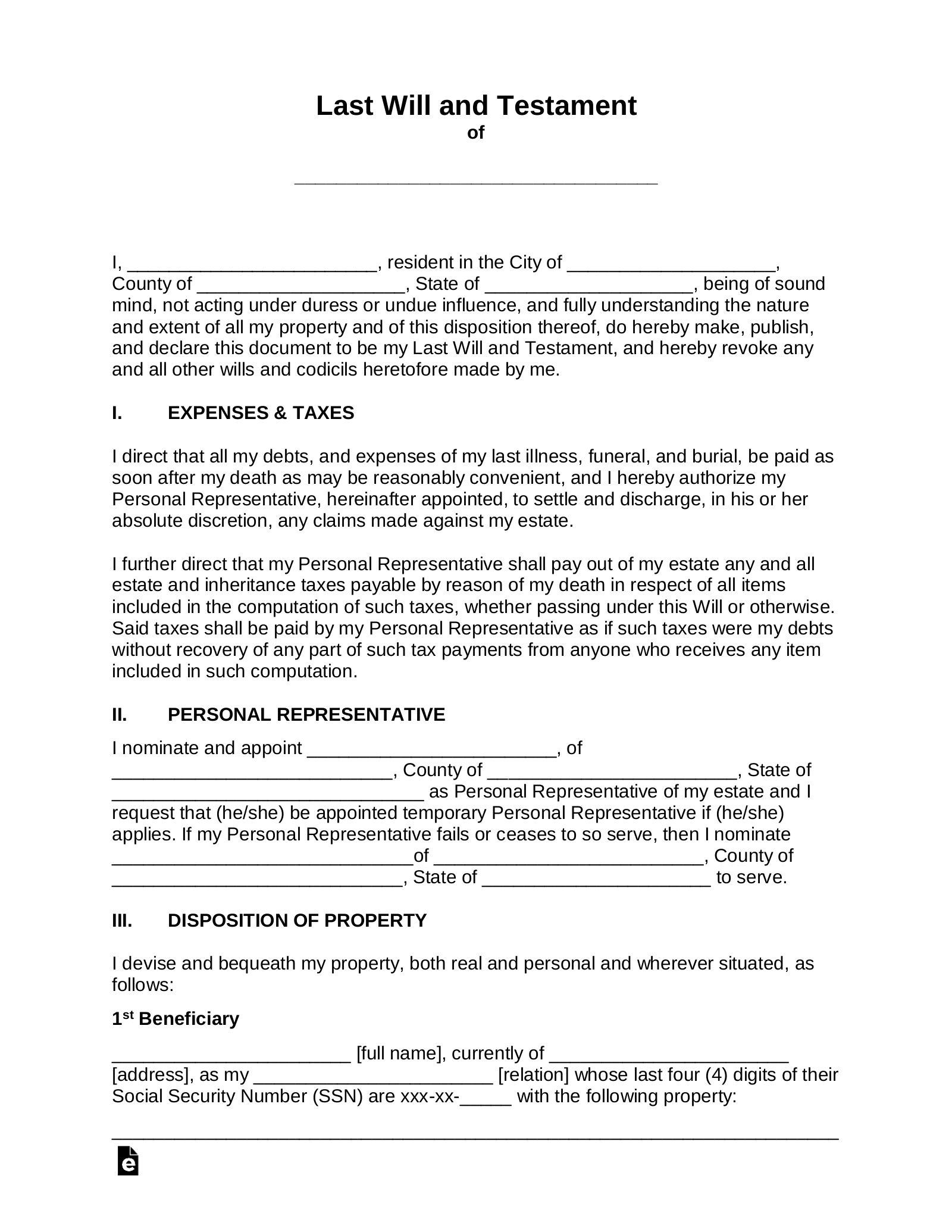 Free Last Will And Testament (Will) - Pdf | Word – Eforms for Printable Blank Last Will And Testament