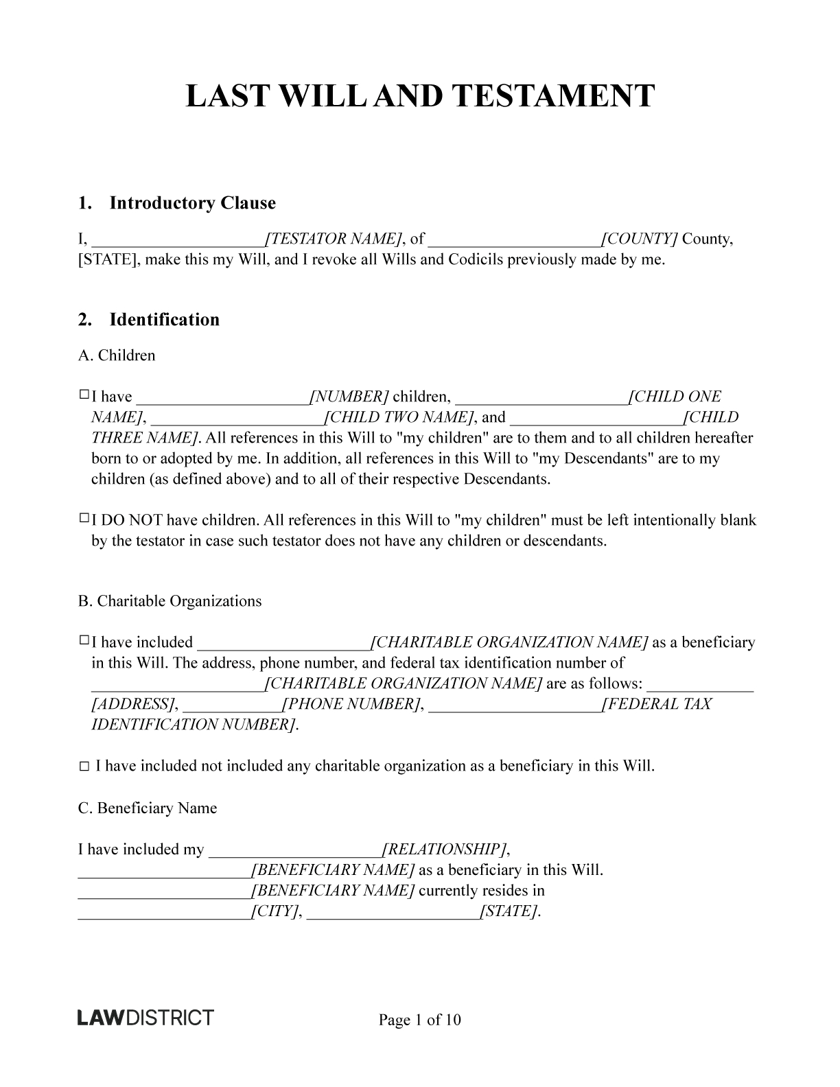 Free Last Will &amp;amp; Testament Form | Printable Pdf &amp;amp; Word | Lawdistrict inside Printable Blank Last Will and Testament