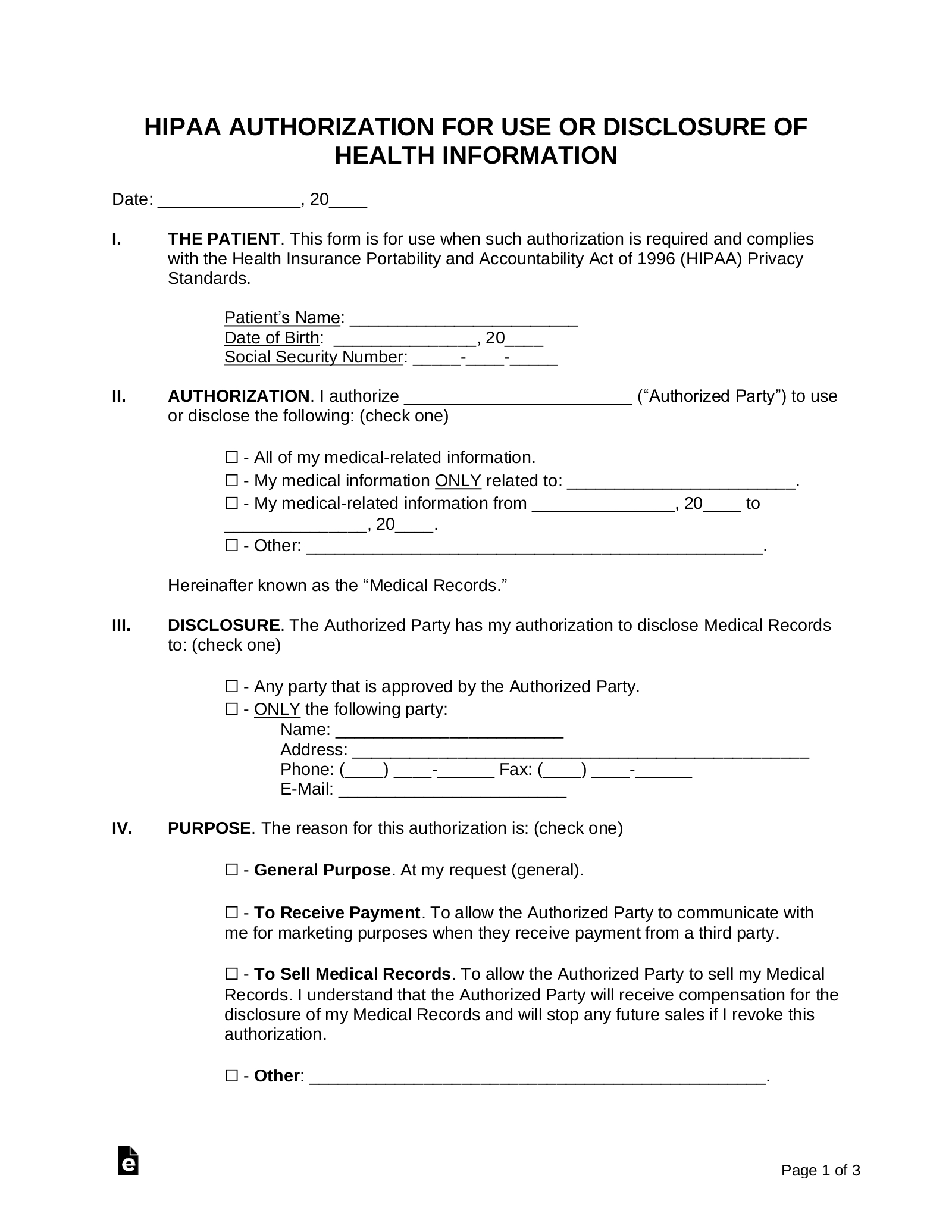 Free Medical Records Release Authorization Form (Waiver) | Hipaa with Printable Blank Authorization To Release Information Form
